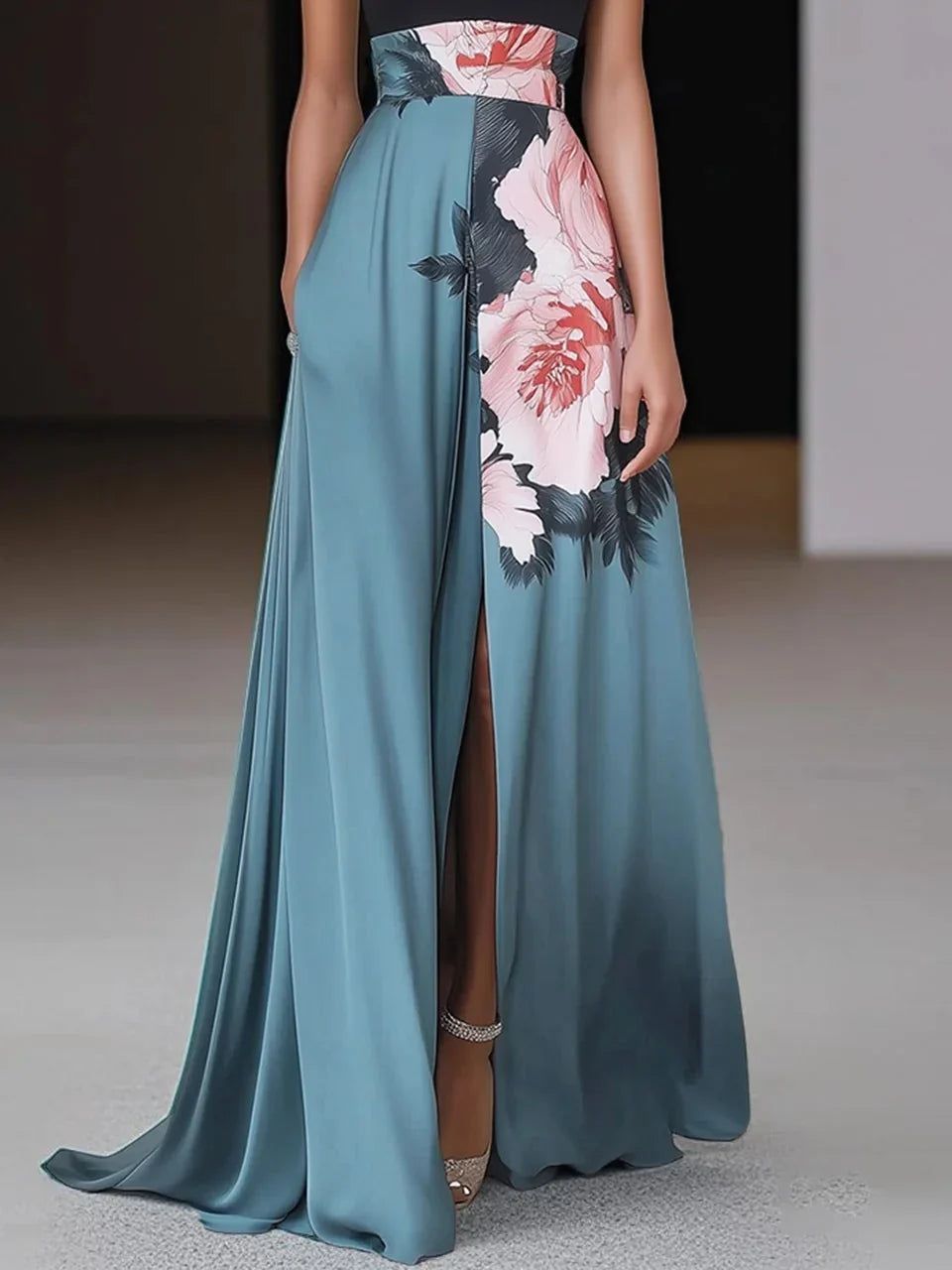 Natalie | Halter Neck Black Floral Maxi Dress with Side Slits