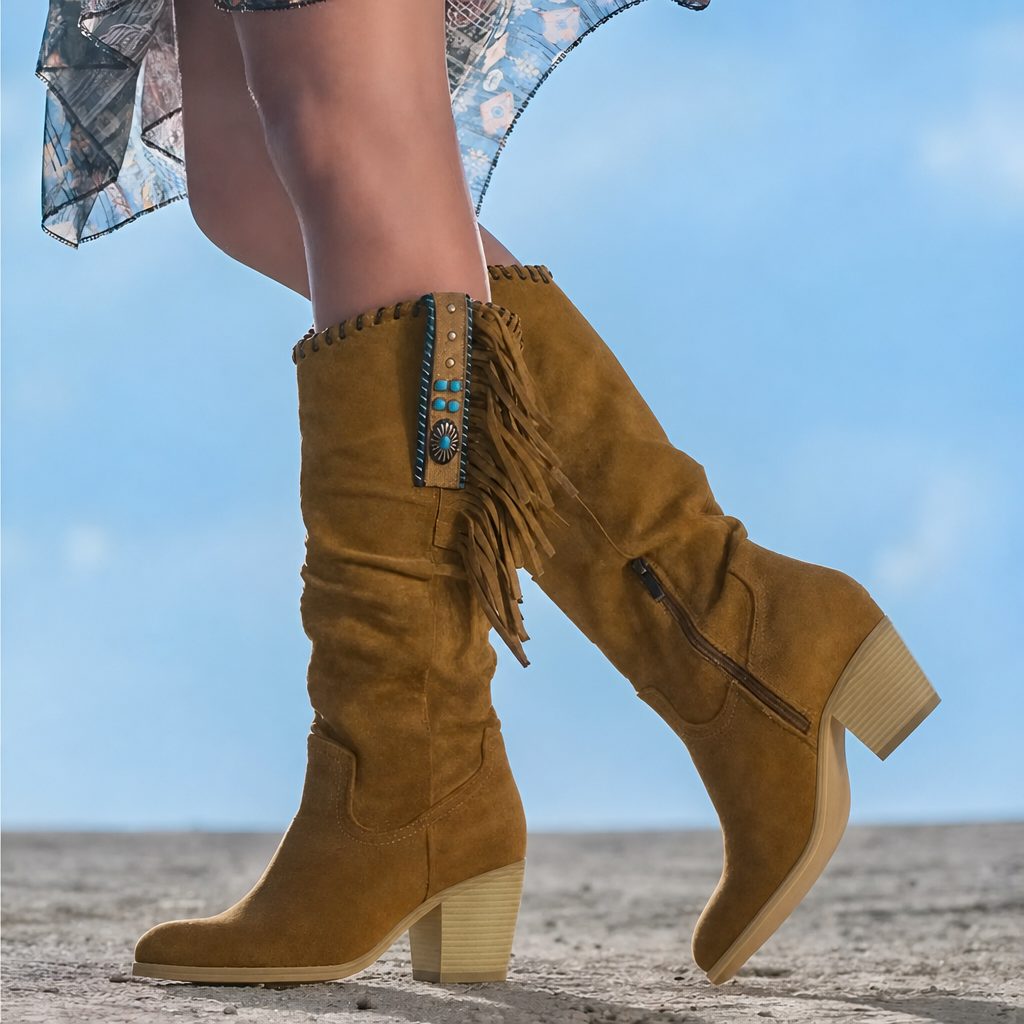 Natasha | Block Heel Mid-Calf Cowgirl Boots with Fringe for Women