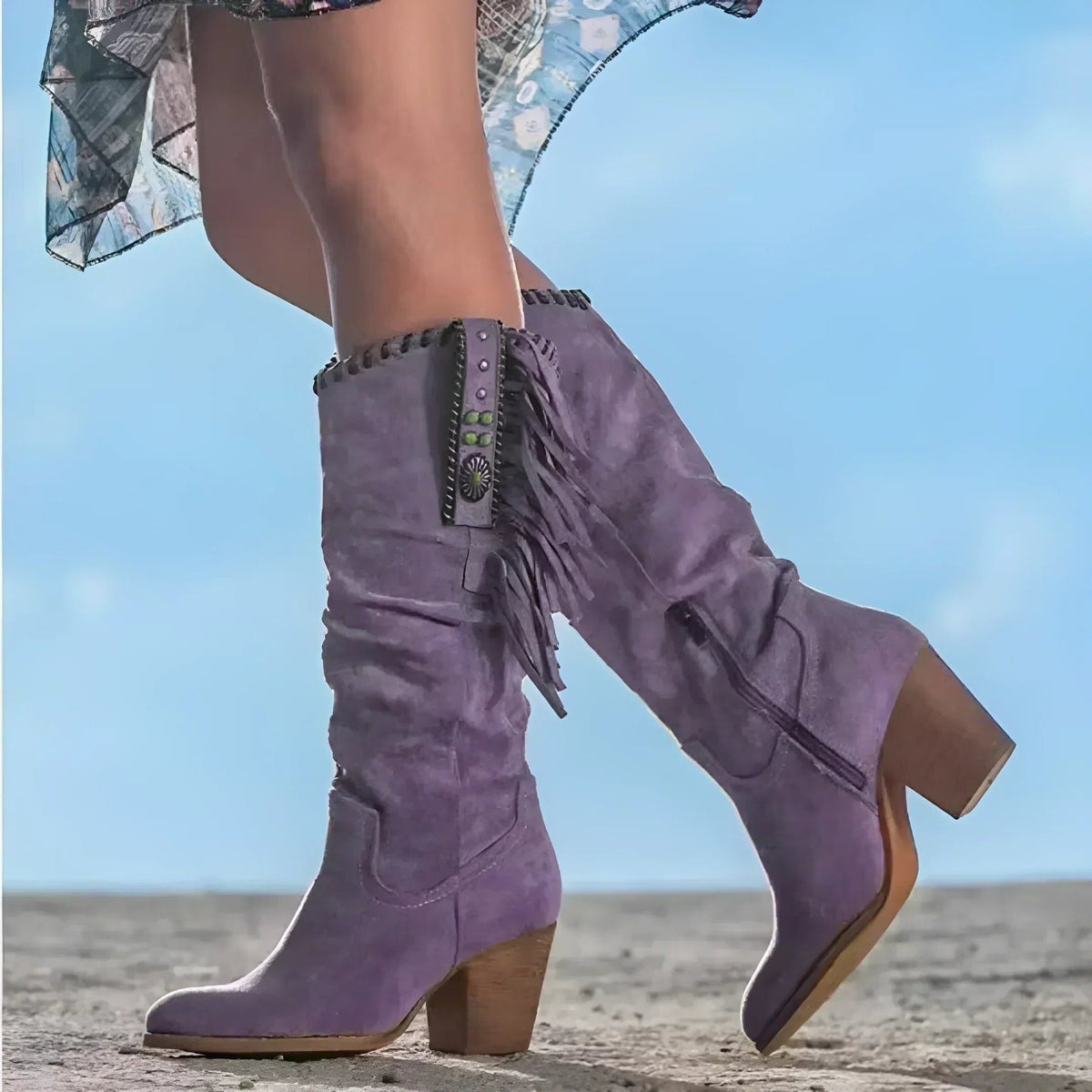 Natasha | Block Heel Mid-Calf Cowgirl Boots with Fringe for Women