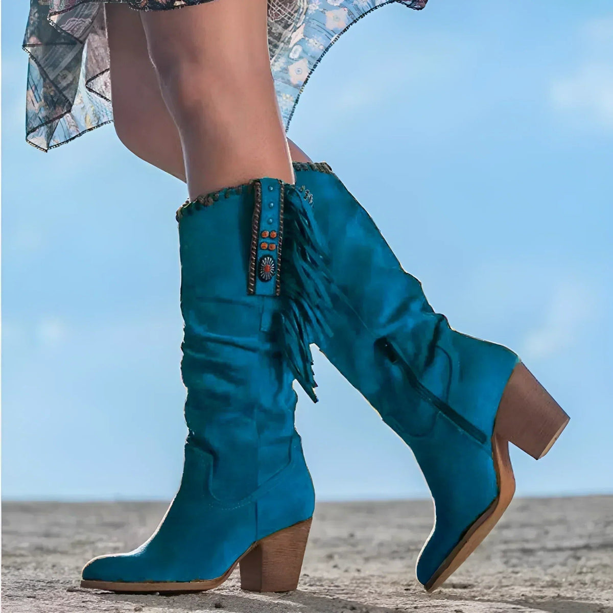 Natasha | Block Heel Mid-Calf Cowgirl Boots with Fringe for Women