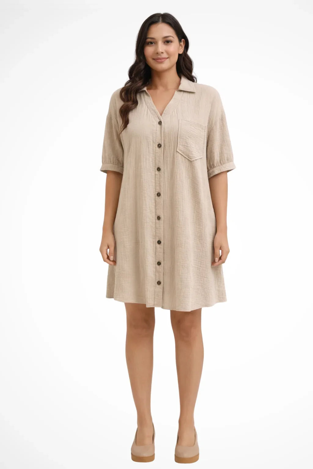 Natasha | Women's Shirt Evening Midi Dress with Short Sleeves and Button Front