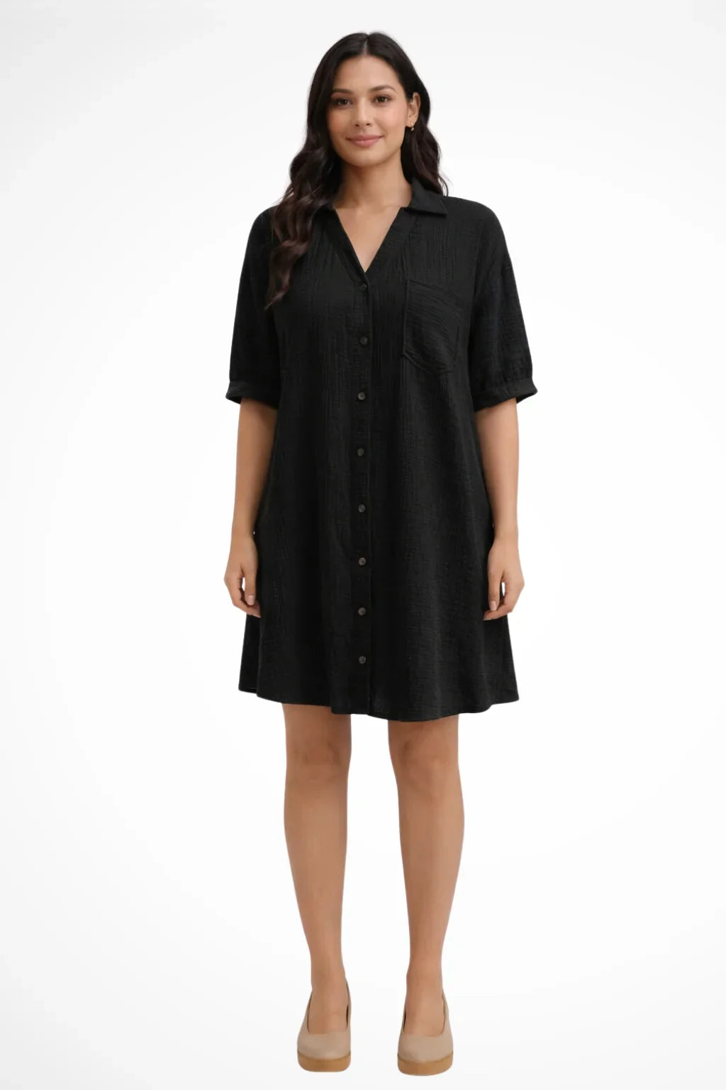 Natasha | Women's Shirt Evening Midi Dress with Short Sleeves and Button Front