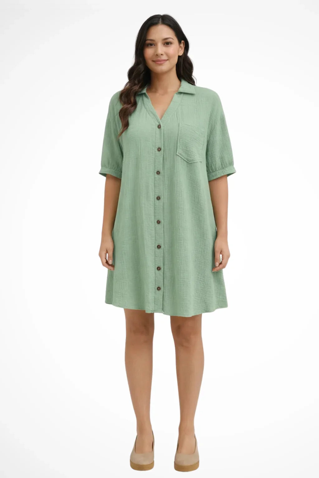 Natasha | Women's Shirt Evening Midi Dress with Short Sleeves and Button Front