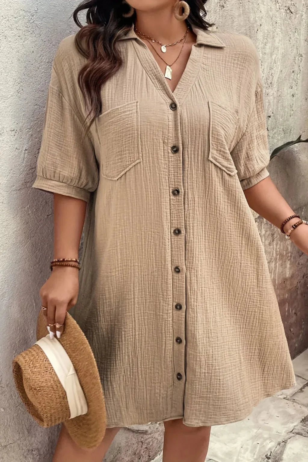 Natasha | Women's Shirt Evening Midi Dress with Short Sleeves and Button Front