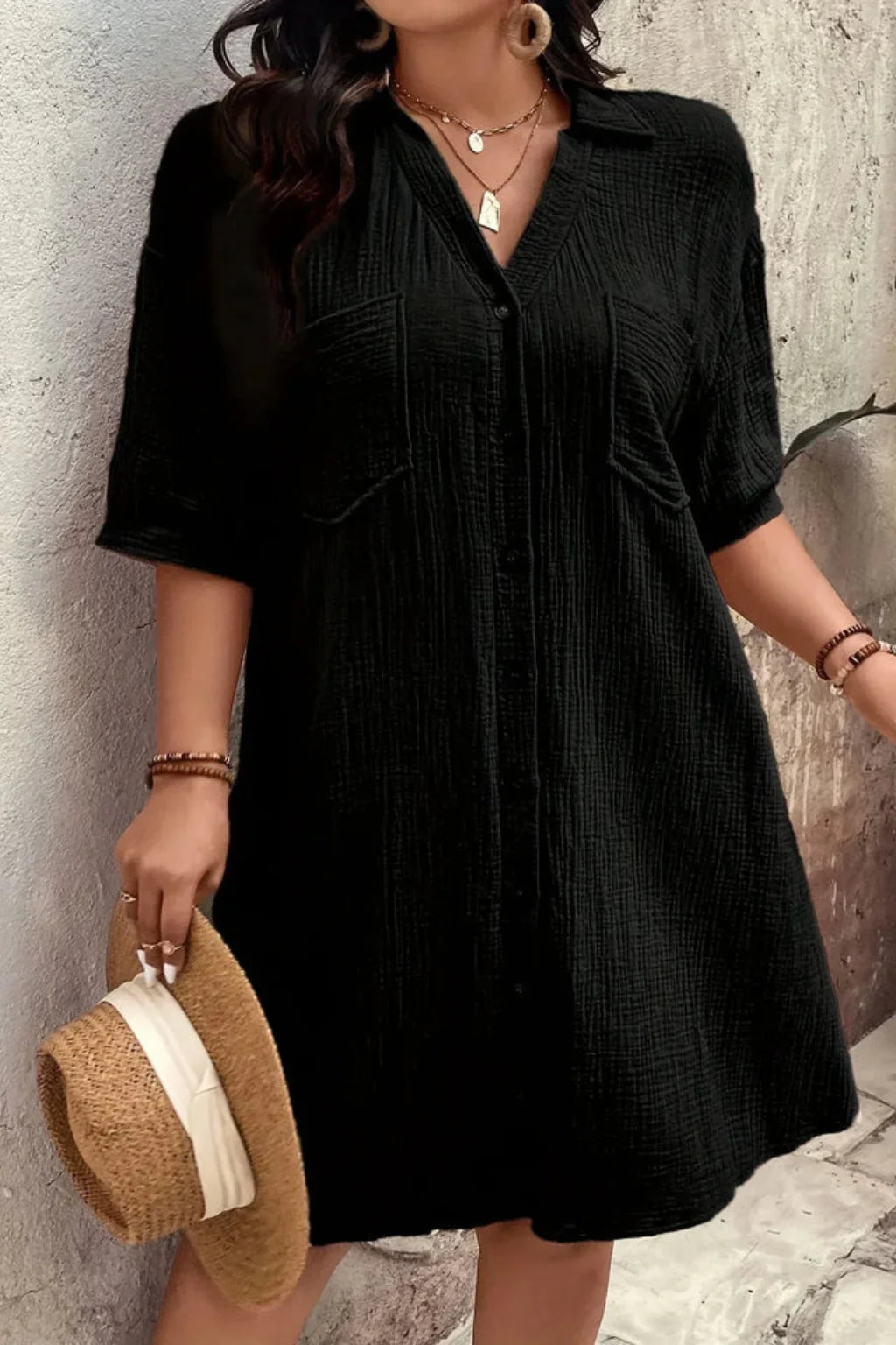 Natasha | Women's Shirt Evening Midi Dress with Short Sleeves and Button Front