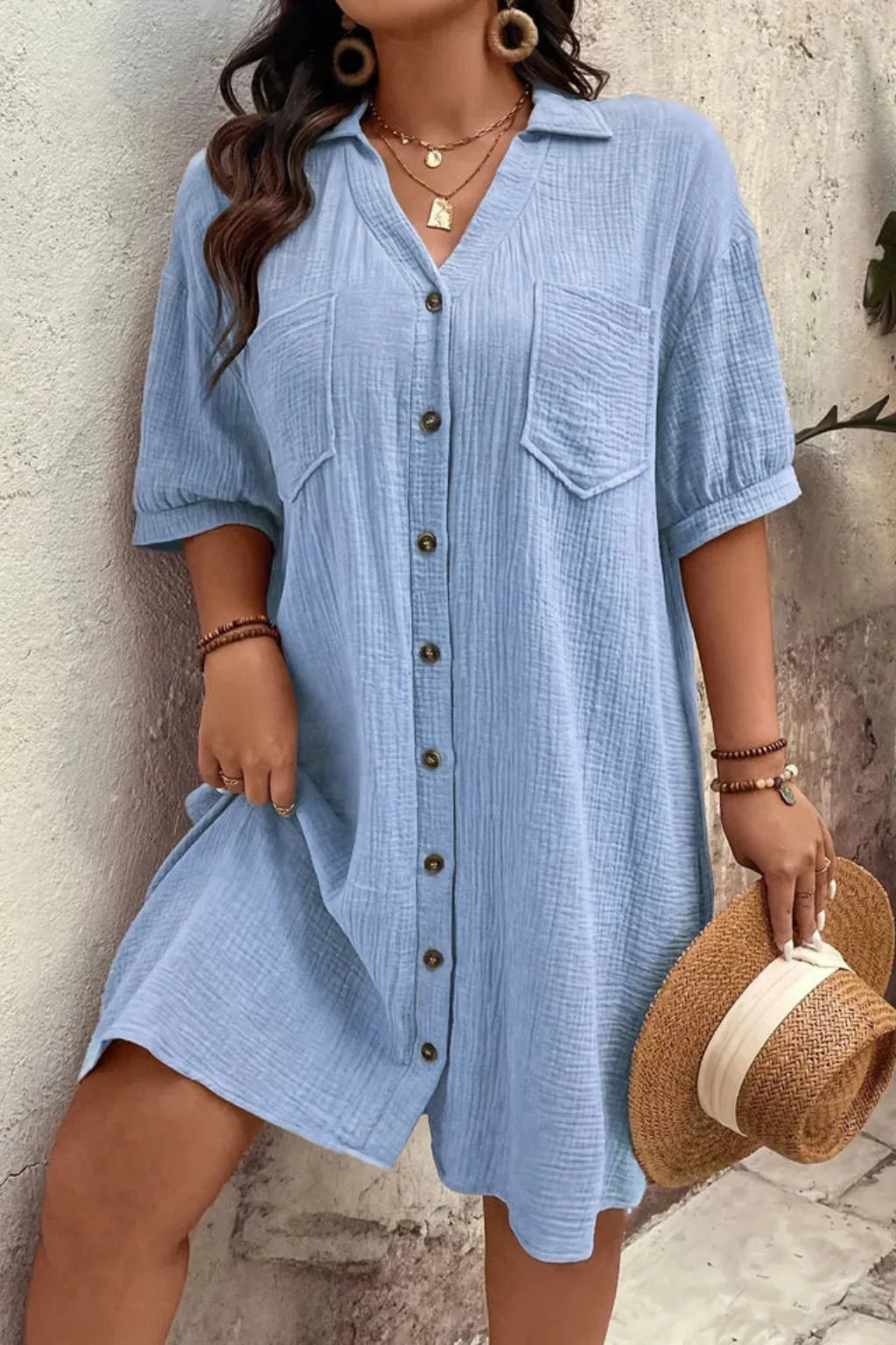 Natasha | Women's Shirt Evening Midi Dress with Short Sleeves and Button Front