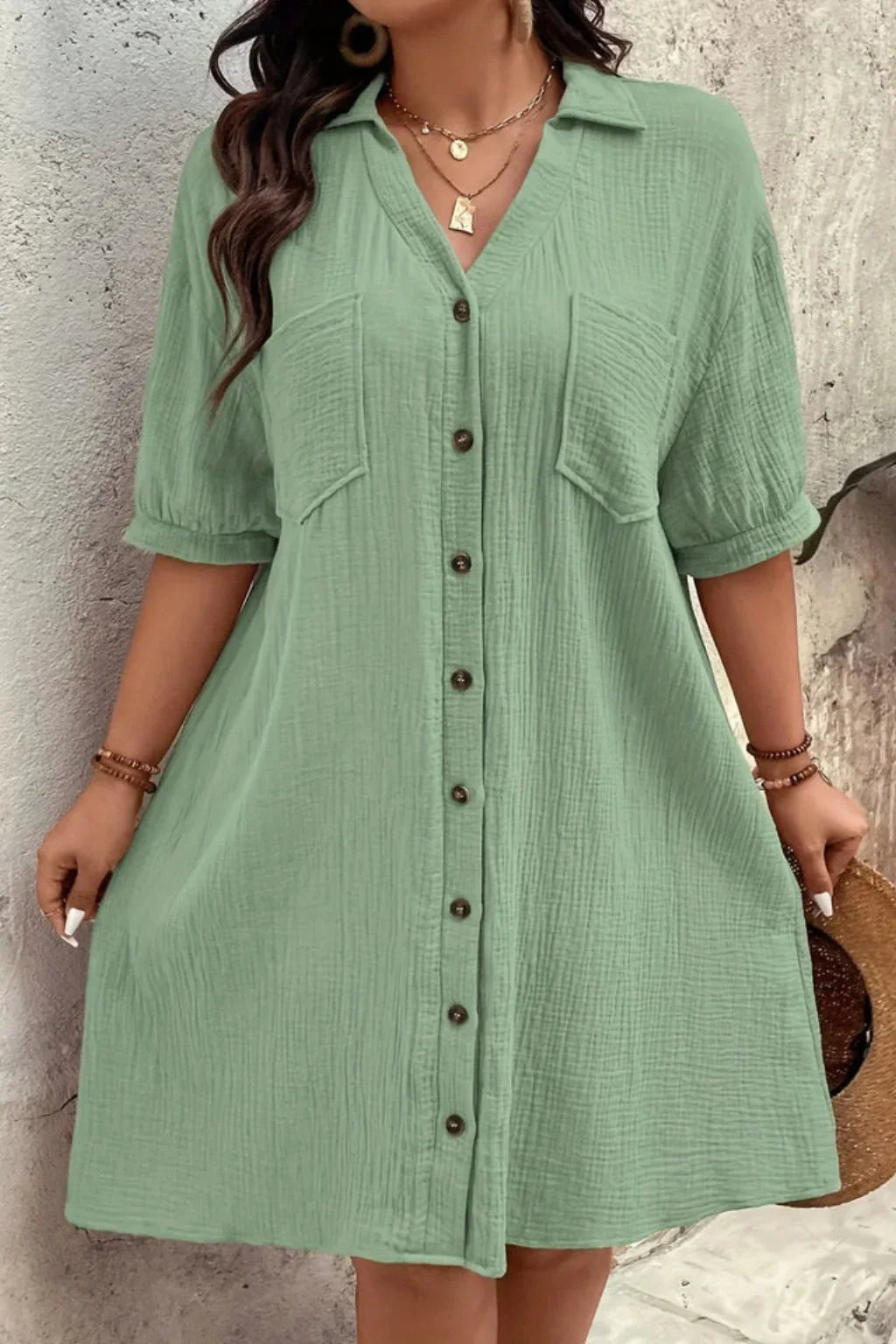 Natasha | Women's Shirt Evening Midi Dress with Short Sleeves and Button Front