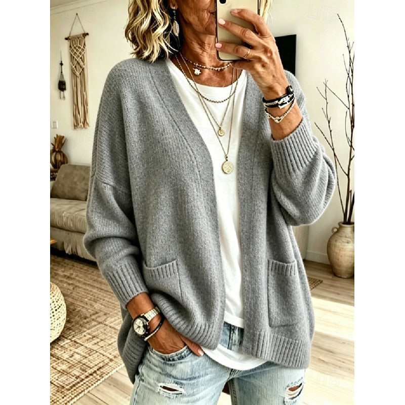 Women's Open-Front Cardigan with Ribbed Cuffs and Pockets