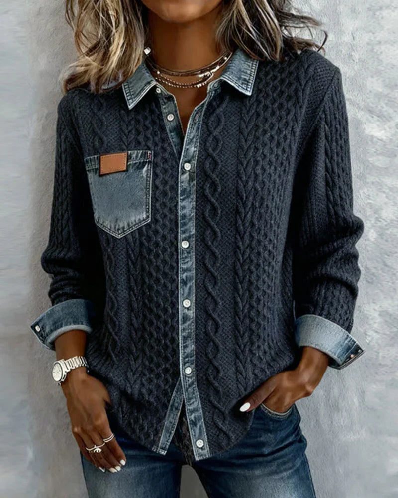 Nehemiah | Cable Knit Button-Up Shirt with Long Sleeves for Women