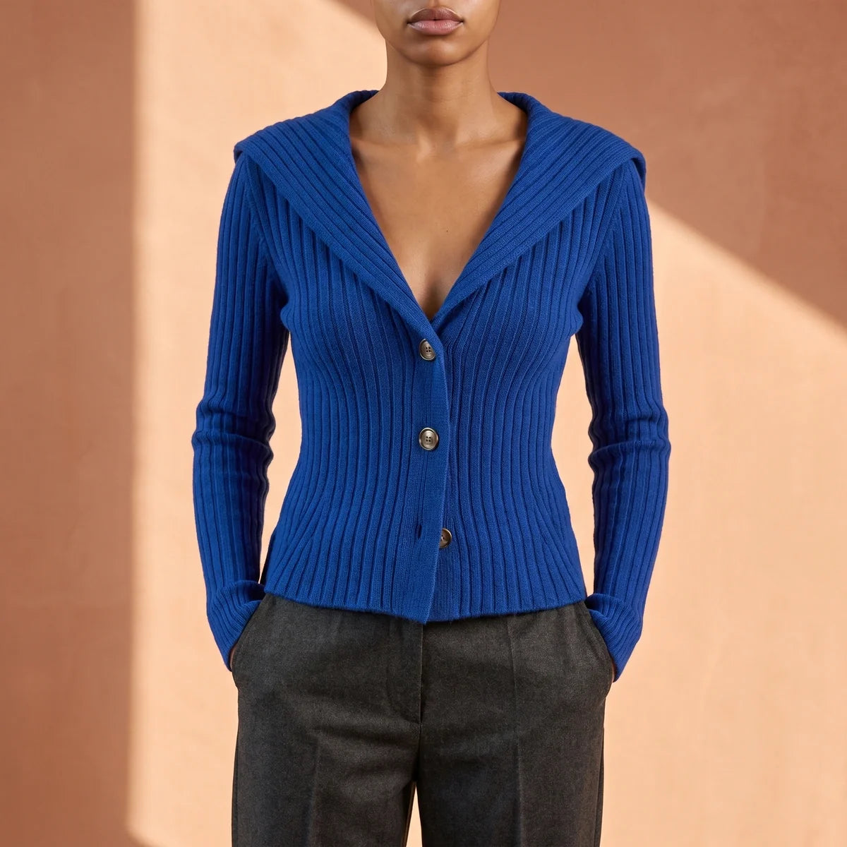 Nerys Ribbed Fold Over Collar Button Cardigan