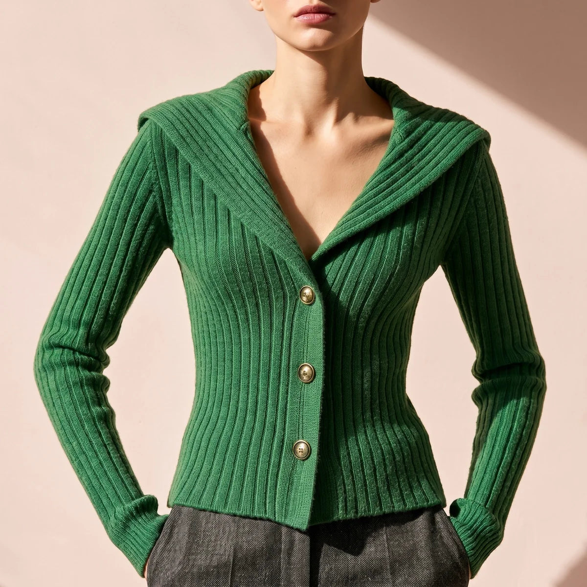 Nerys Ribbed Fold Over Collar Button Cardigan