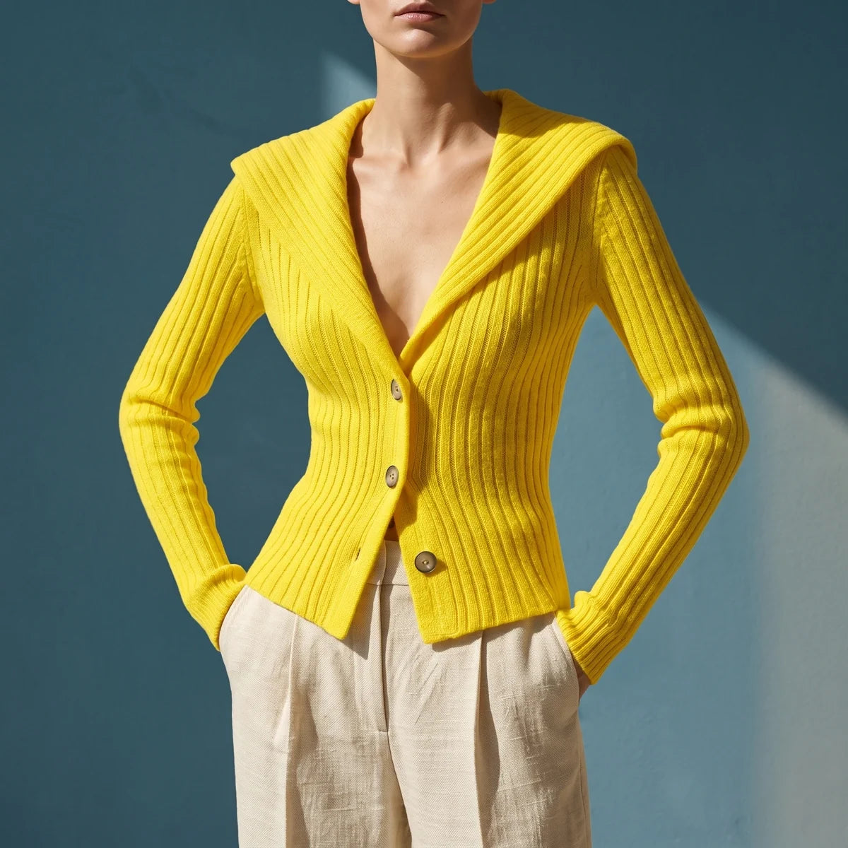 Nerys Ribbed Fold Over Collar Button Cardigan