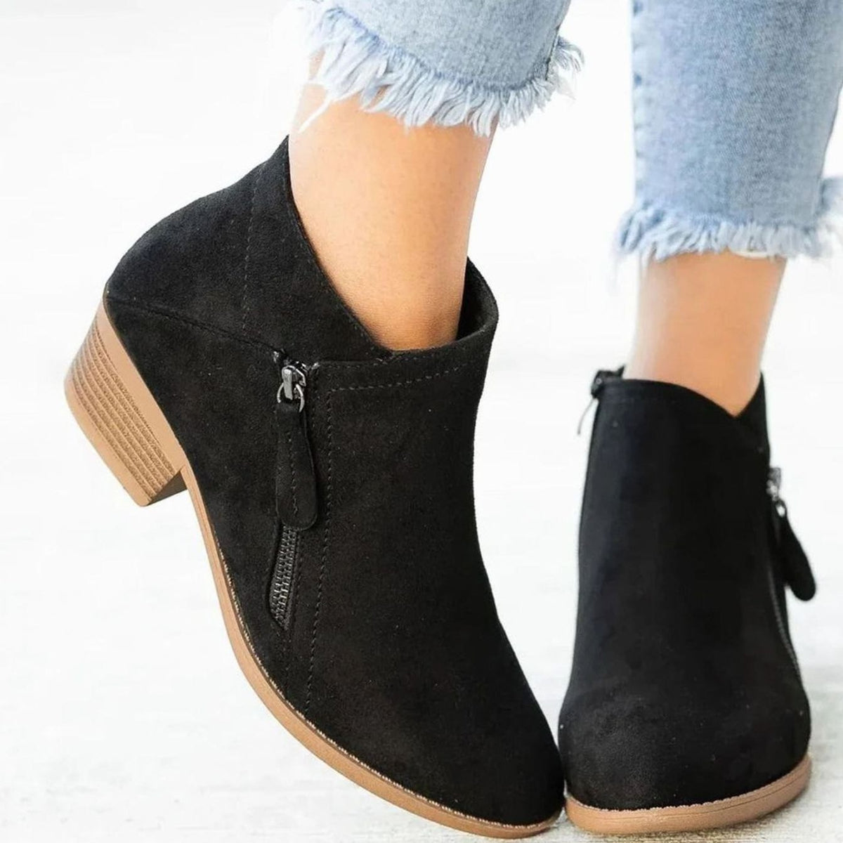 Nia | Suede Block Heel Ankle Boots with V-Cut for Women