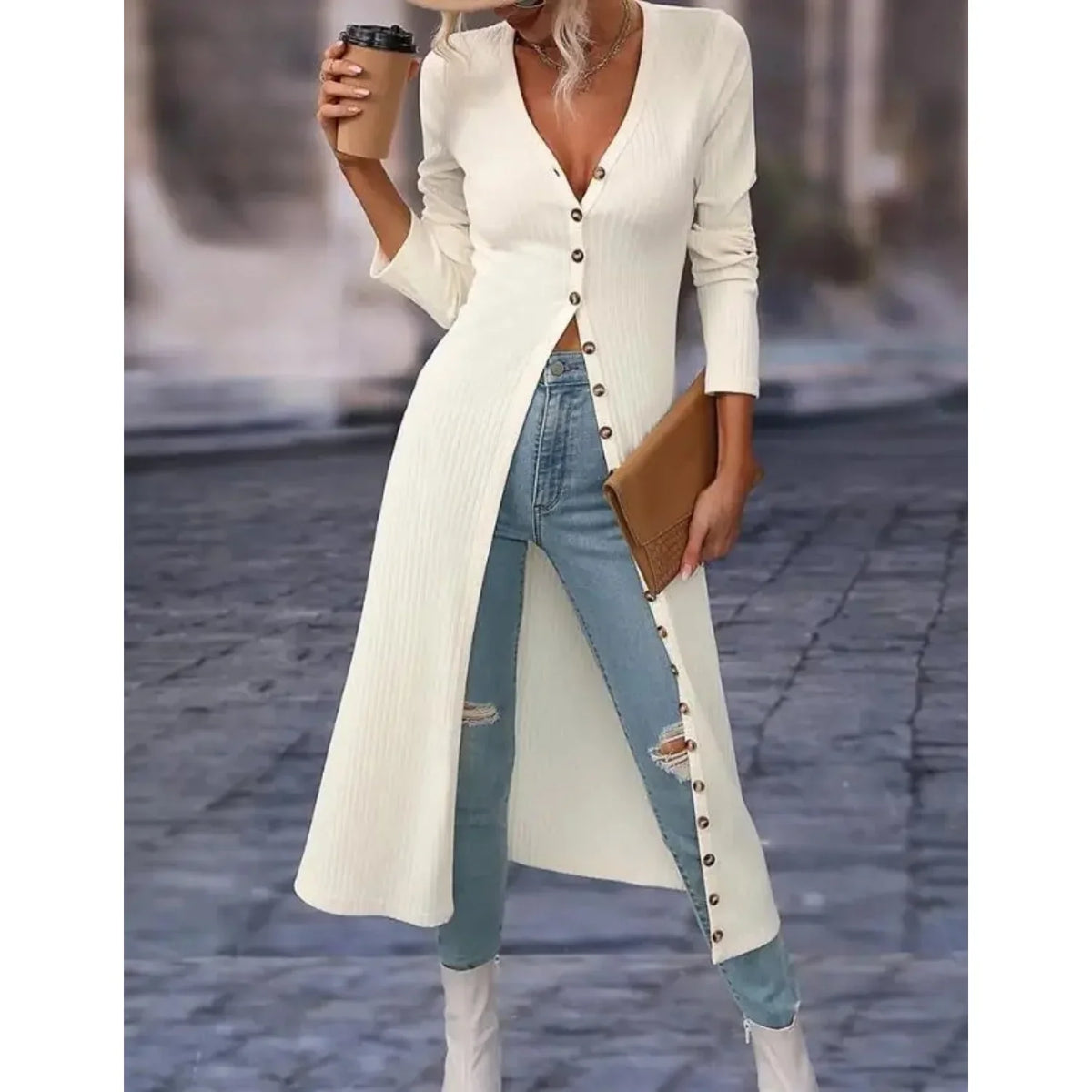 Niamh | Women's V-Neck Longline Knit Cardigan Jacket with Button Front