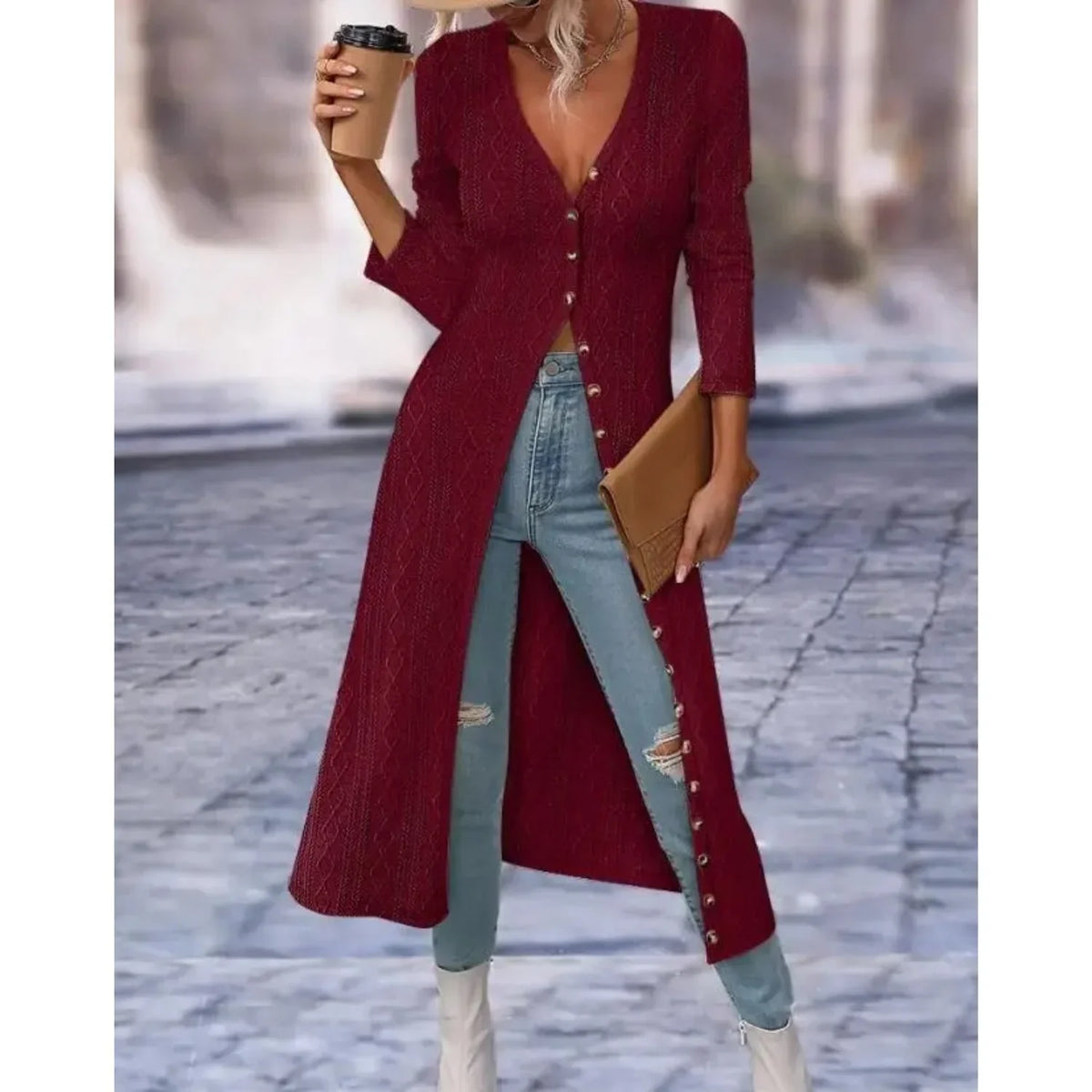 Niamh | Women's V-Neck Longline Knit Cardigan Jacket with Button Front