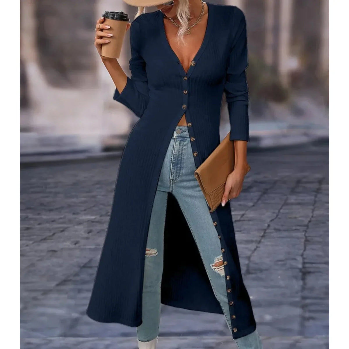 Niamh | Women's V-Neck Longline Knit Cardigan Jacket with Button Front