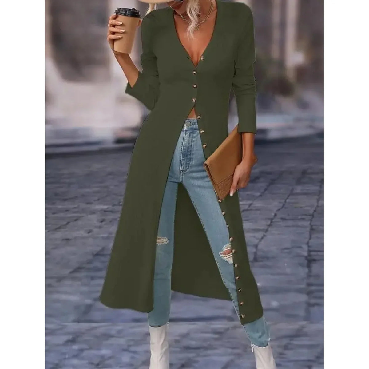 Niamh | Women's V-Neck Longline Knit Cardigan Jacket with Button Front