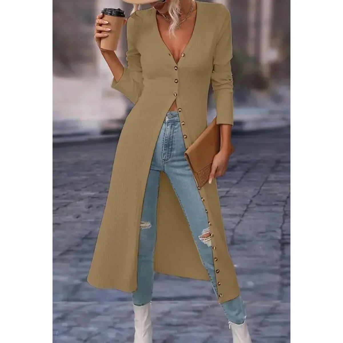 Niamh | Women's V-Neck Longline Knit Cardigan Jacket with Button Front