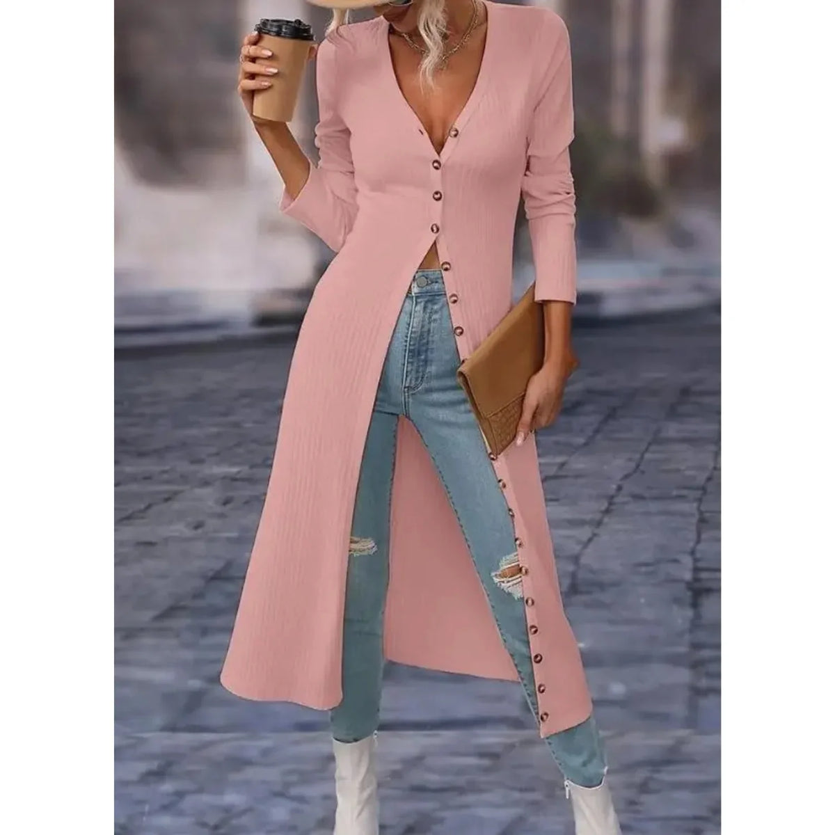 Niamh | Women's V-Neck Longline Knit Cardigan Jacket with Button Front