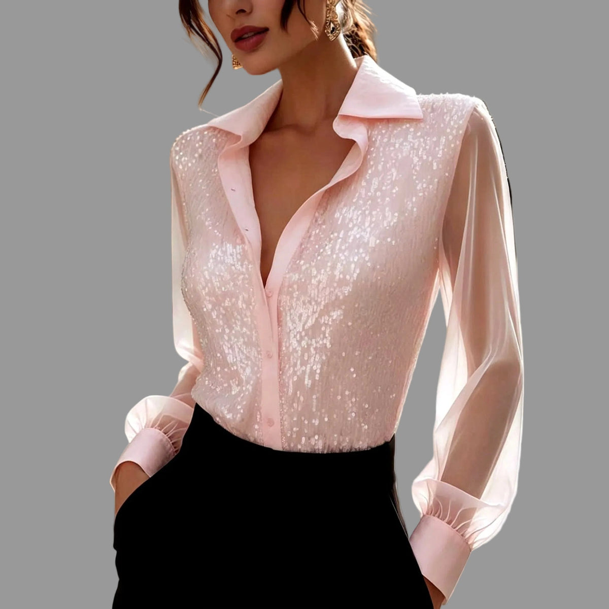 Nicka  - Women's Sequin Sheer Sleeve Blouse