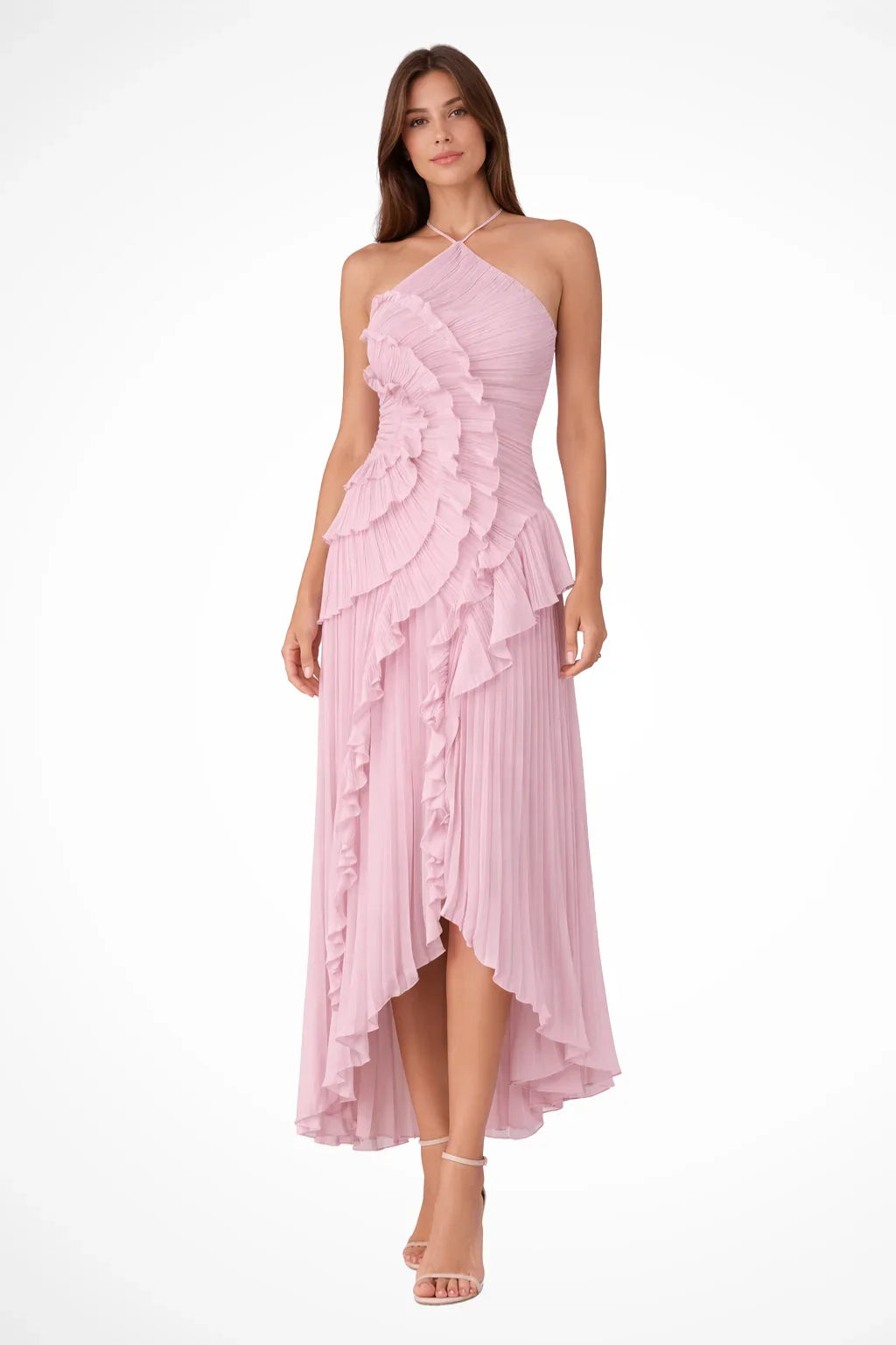 Nicola | Halter Neck Ruffled Pleated Occasion Maxi Dress with Open Back
