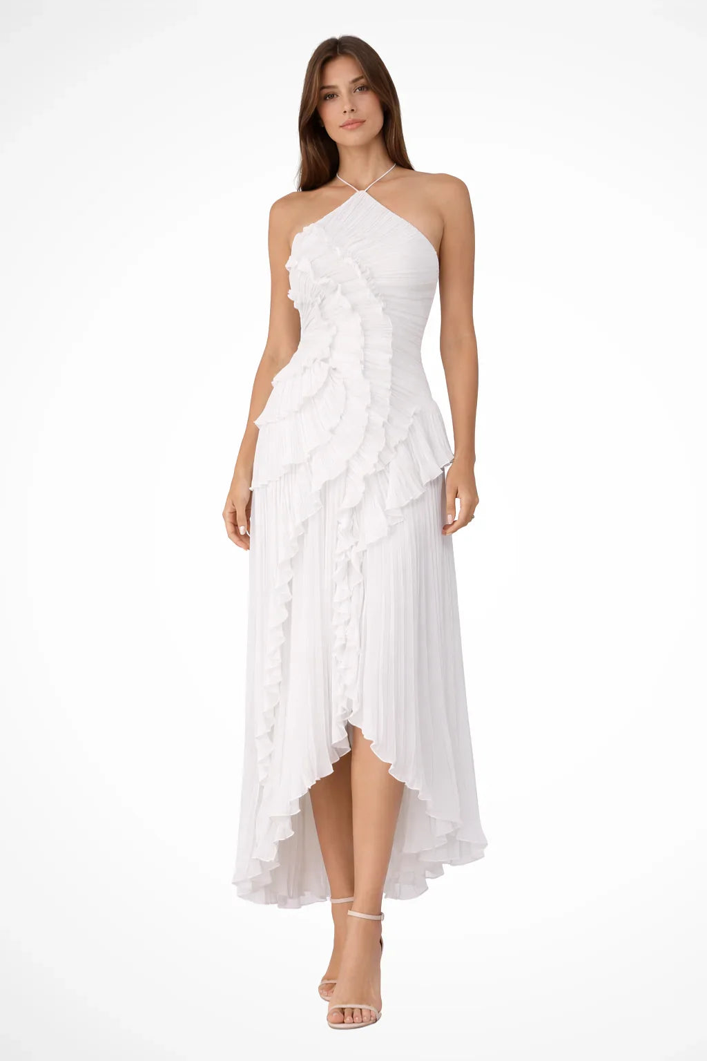 Nicola | Halter Neck Ruffled Pleated Occasion Maxi Dress with Open Back
