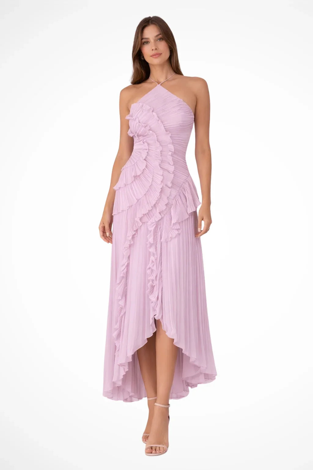 Nicola | Halter Neck Ruffled Pleated Occasion Maxi Dress with Open Back