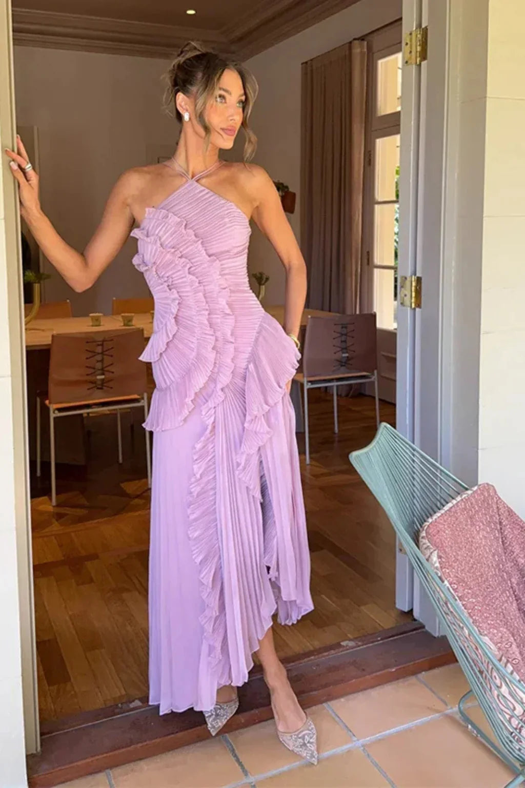 Nicola | Halter Neck Ruffled Pleated Occasion Maxi Dress with Open Back
