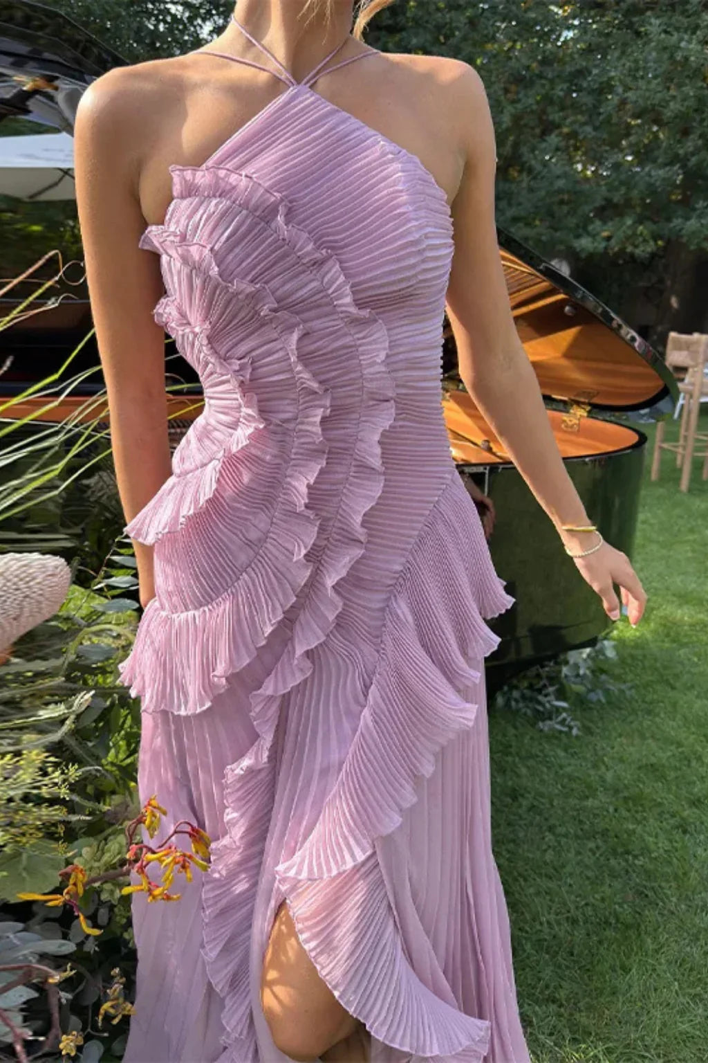 Nicola | Halter Neck Ruffled Pleated Occasion Maxi Dress with Open Back