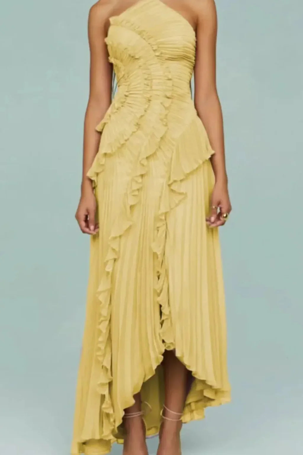 Nicola | Halter Neck Ruffled Pleated Occasion Maxi Dress with Open Back