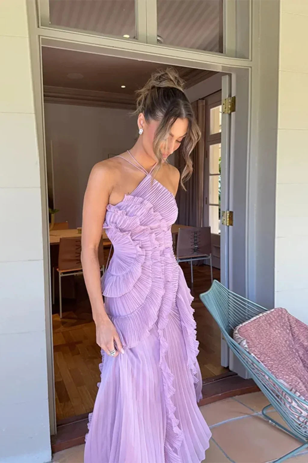 Nicola | Halter Neck Ruffled Pleated Occasion Maxi Dress with Open Back