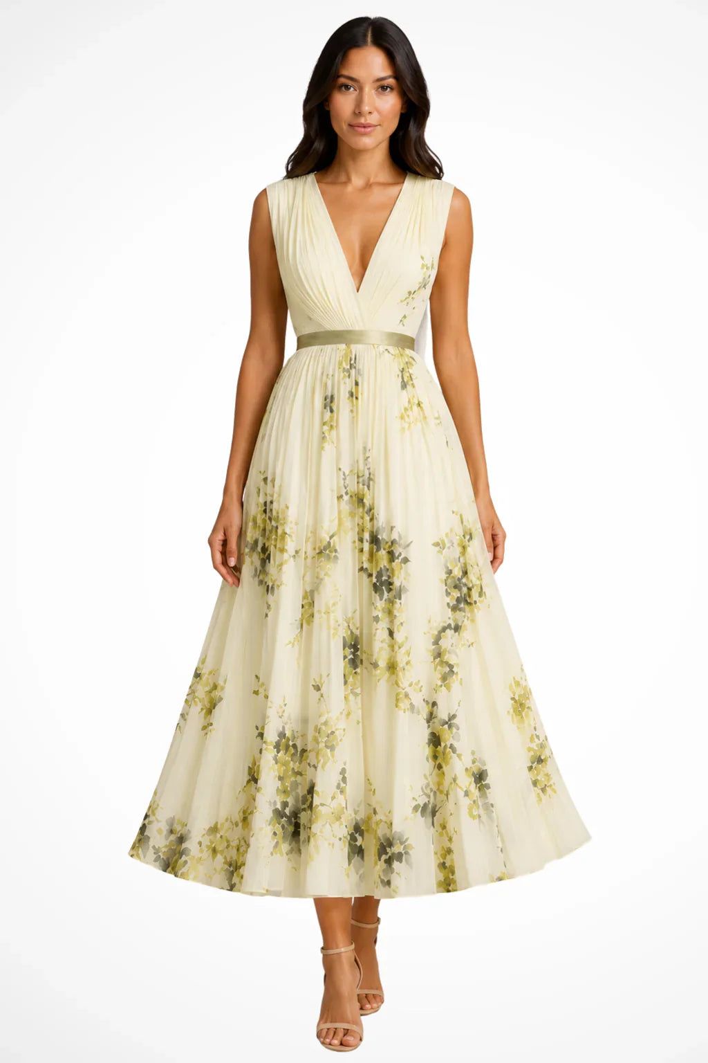 Nicola | Sleeveless V-Neck Floral Pleated Wedding Guest Midi Dress