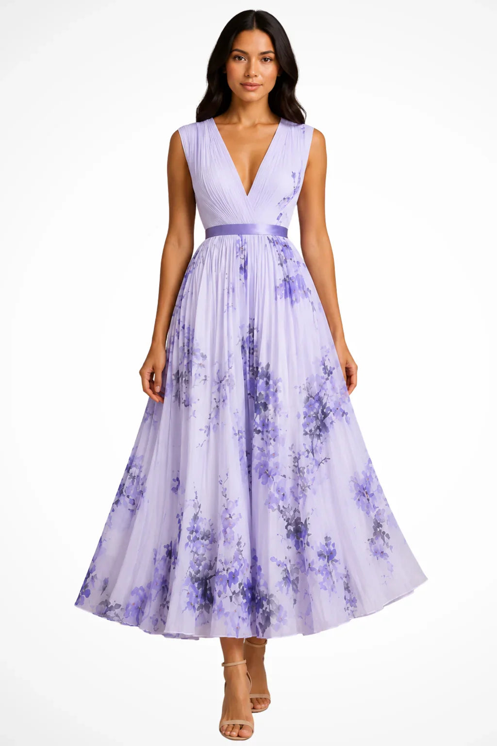Nicola | Sleeveless V-Neck Floral Pleated Wedding Guest Midi Dress