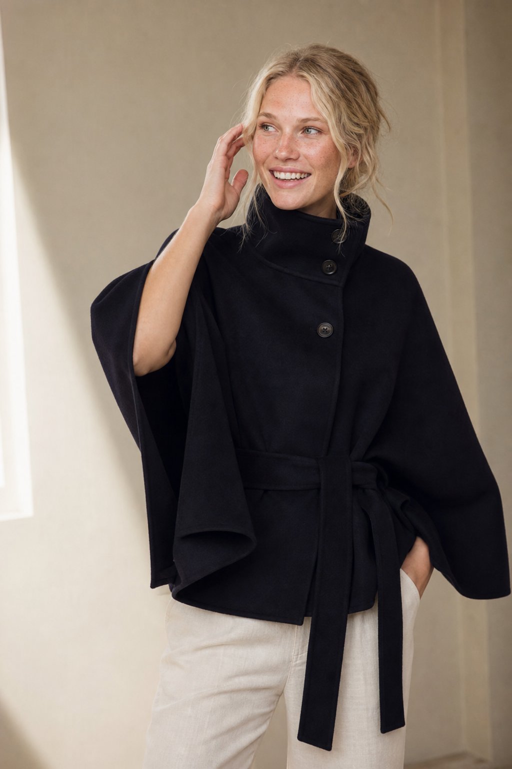 Leslie | Womens Wool Blend Cape Coat with Belted Waist | Stand Collar, Cape Sleeves | Navy, Black, Khaki and More S-2XL