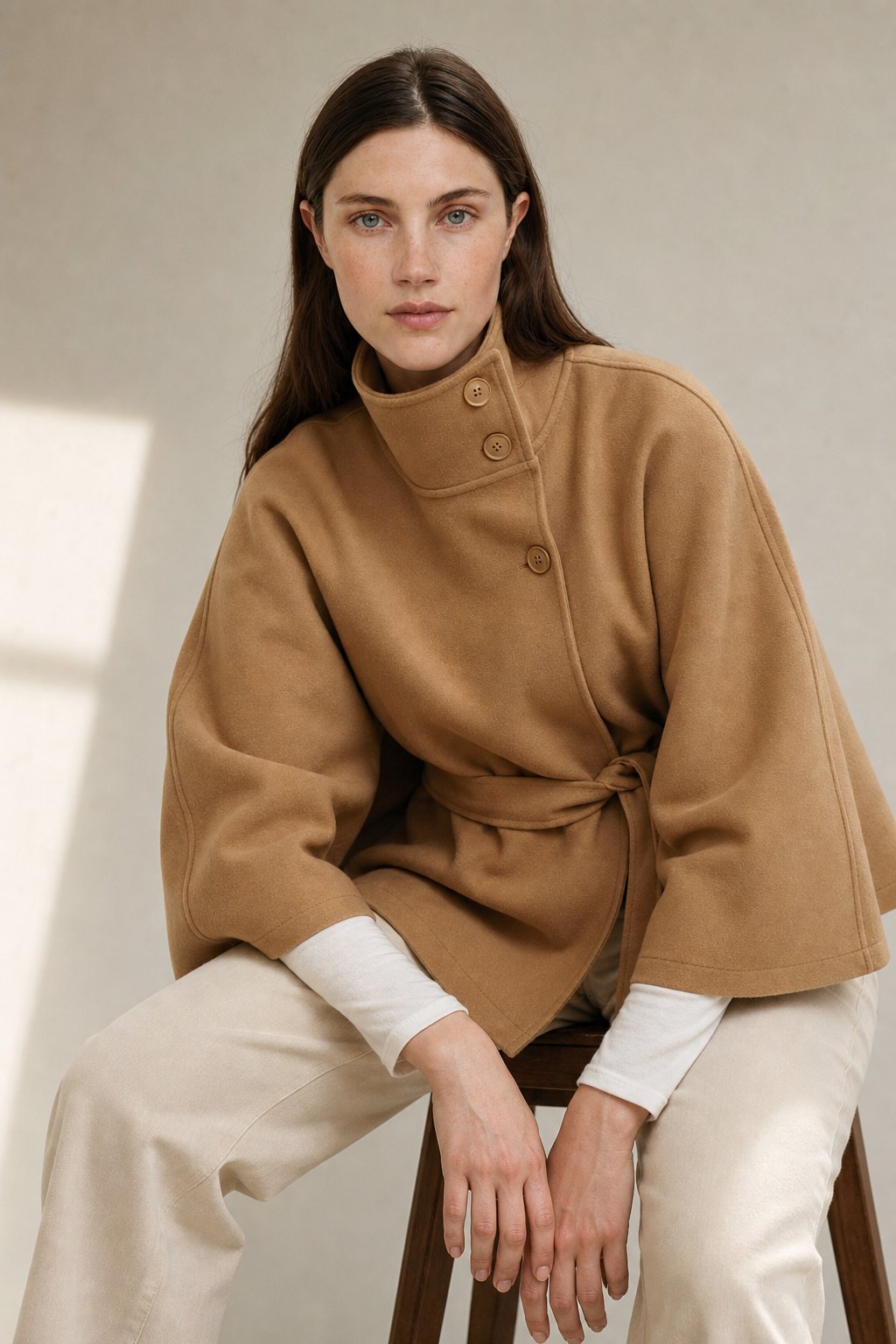 Leslie | Womens Wool Blend Cape Coat with Belted Waist | Stand Collar, Cape Sleeves | Navy, Black, Khaki and More S-2XL