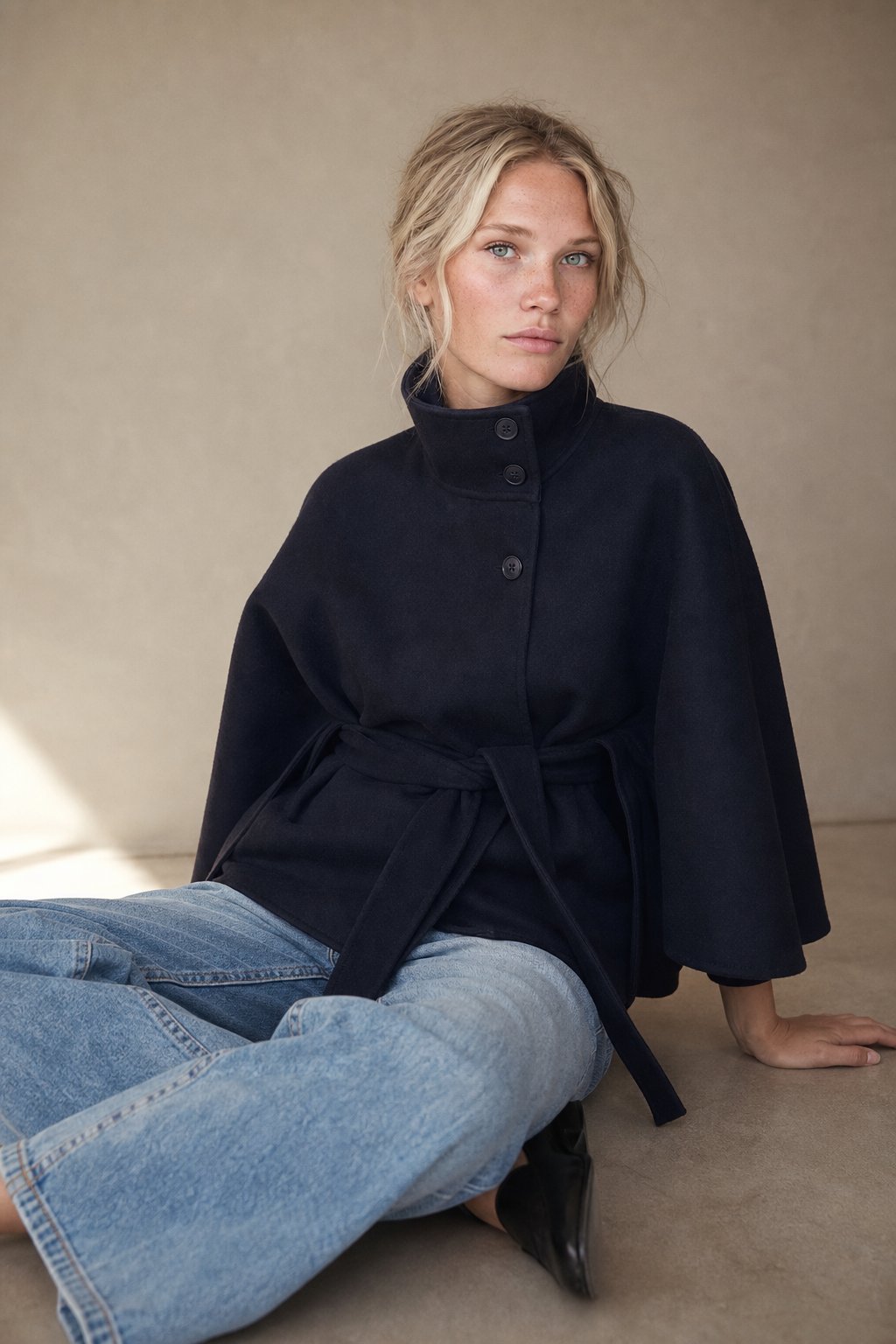 Leslie | Womens Wool Blend Cape Coat with Belted Waist | Stand Collar, Cape Sleeves | Navy, Black, Khaki and More S-2XL