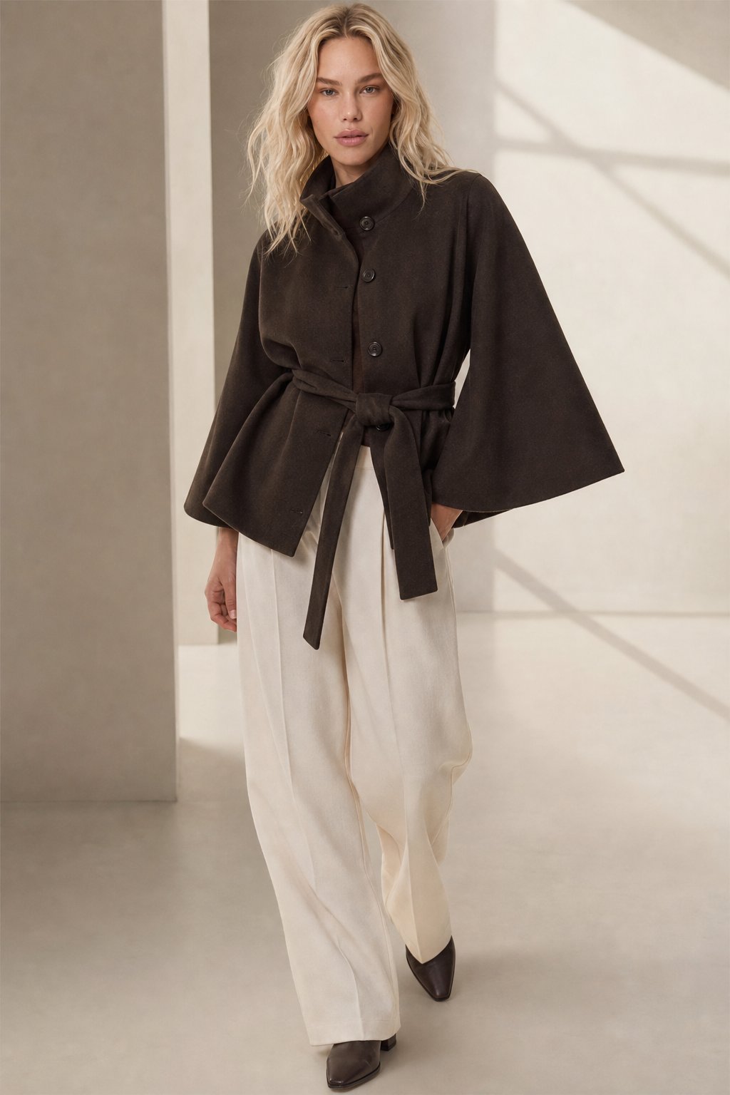 Leslie | Womens Wool Blend Cape Coat with Belted Waist | Stand Collar, Cape Sleeves | Navy, Black, Khaki and More S-2XL