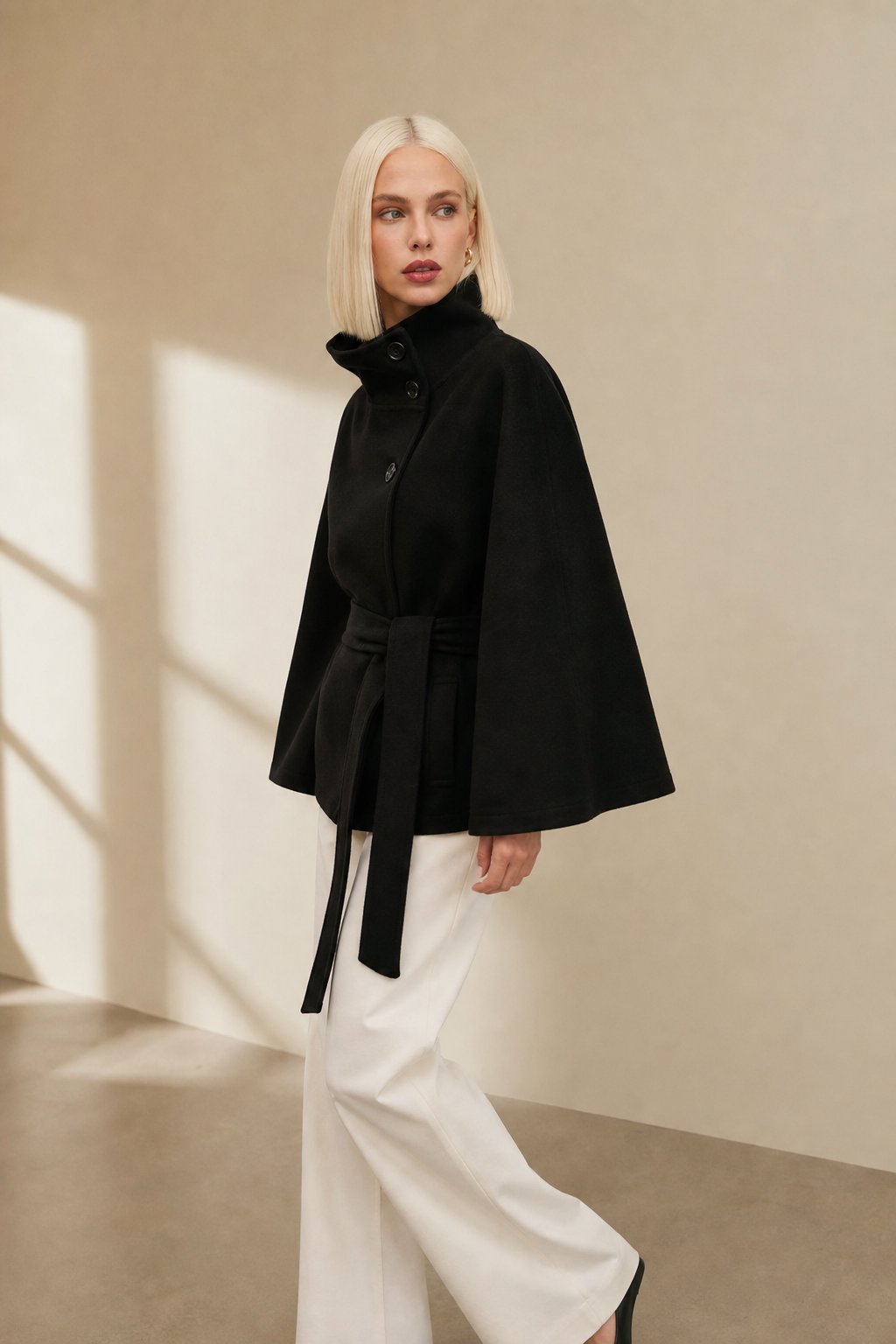 Leslie | Womens Wool Blend Cape Coat with Belted Waist | Stand Collar, Cape Sleeves | Navy, Black, Khaki and More S-2XL