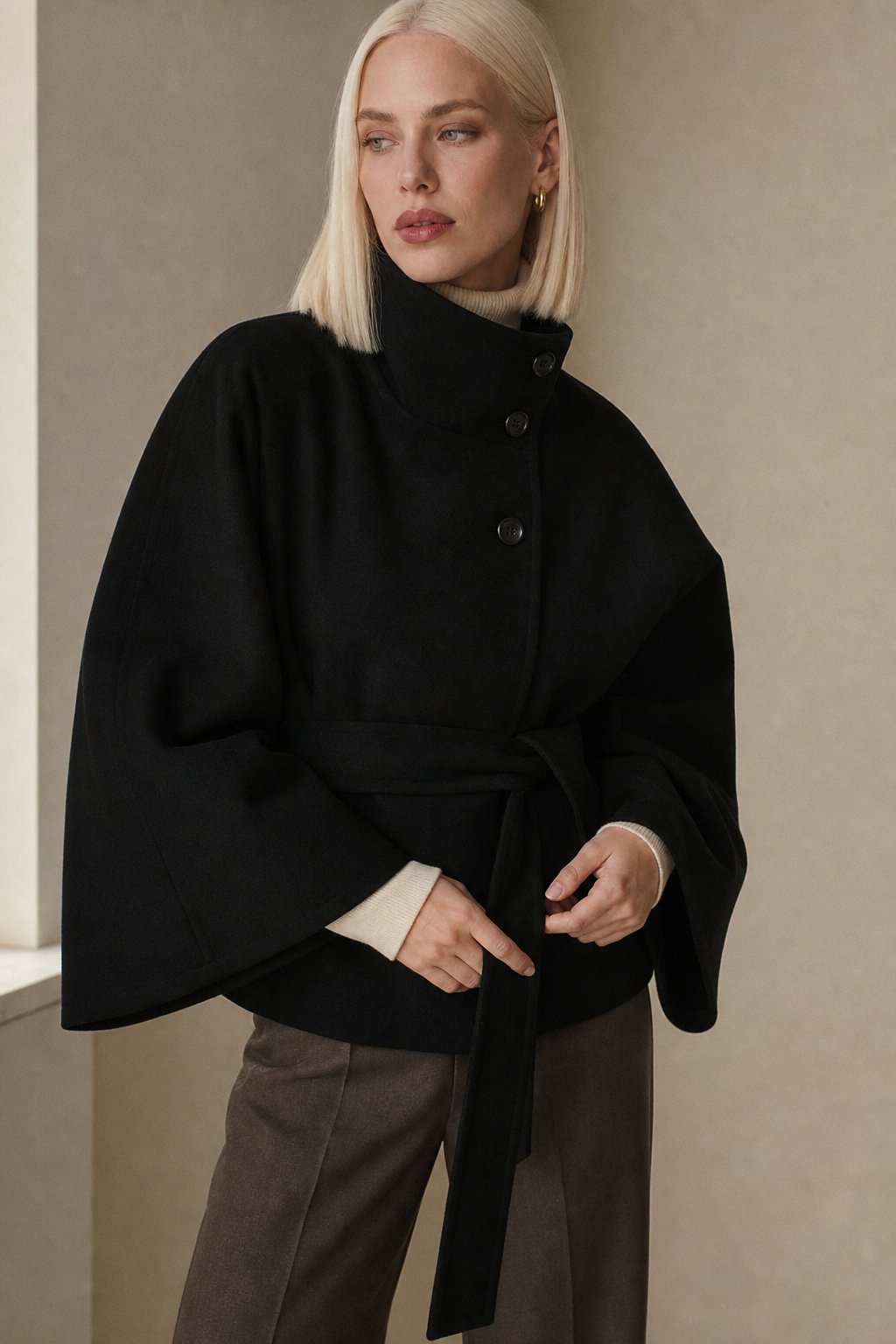 Leslie | Womens Wool Blend Cape Coat with Belted Waist | Stand Collar, Cape Sleeves | Navy, Black, Khaki and More S-2XL