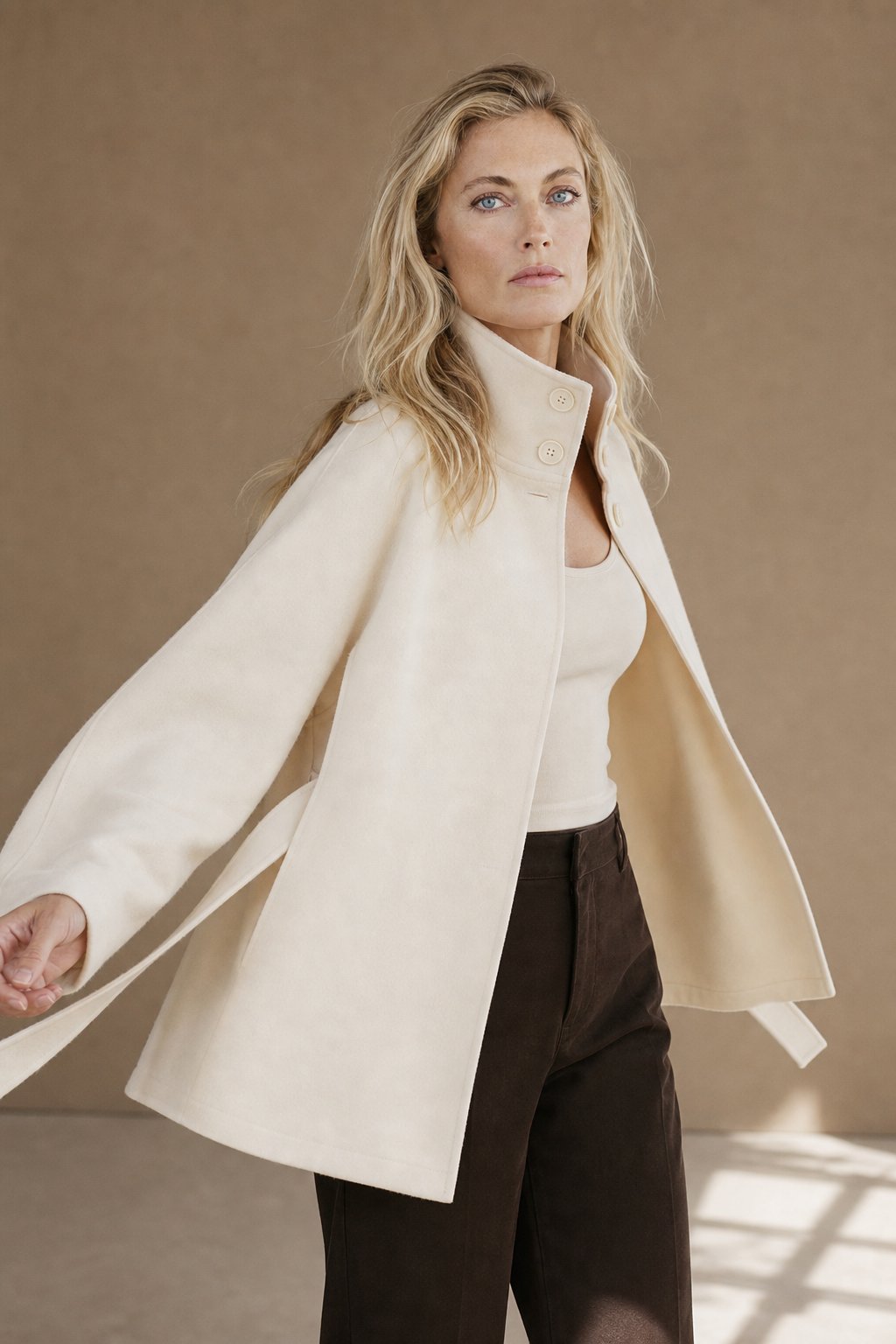Leslie | Womens Wool Blend Cape Coat with Belted Waist | Stand Collar, Cape Sleeves | Navy, Black, Khaki and More S-2XL