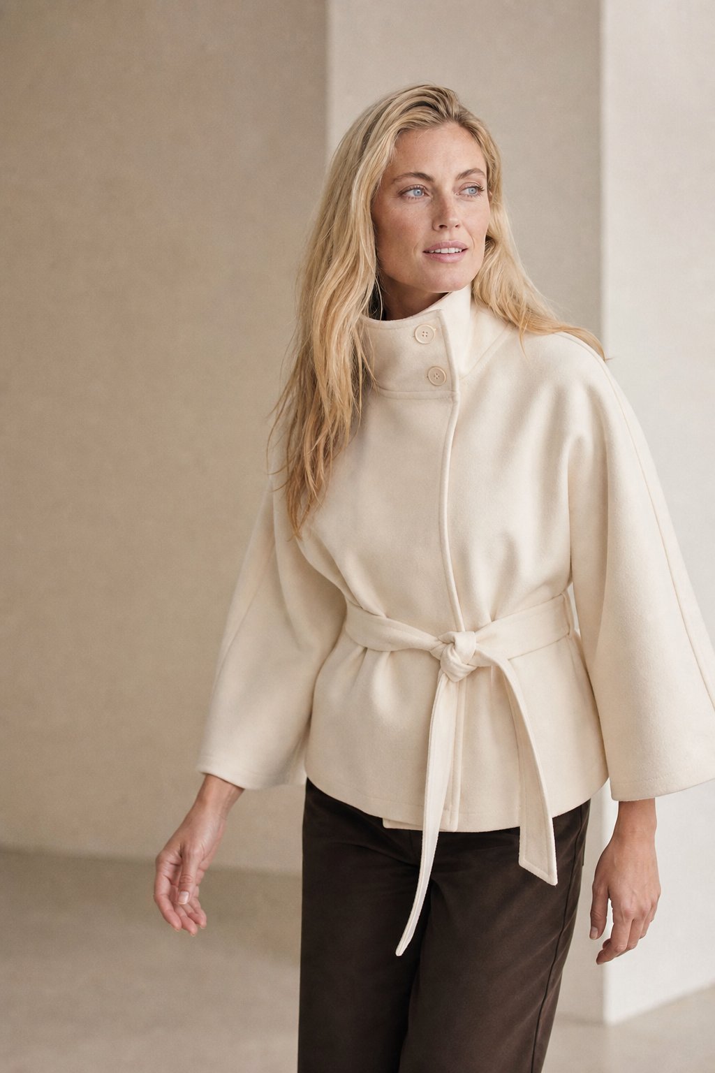 Leslie | Womens Wool Blend Cape Coat with Belted Waist | Stand Collar, Cape Sleeves | Navy, Black, Khaki and More S-2XL