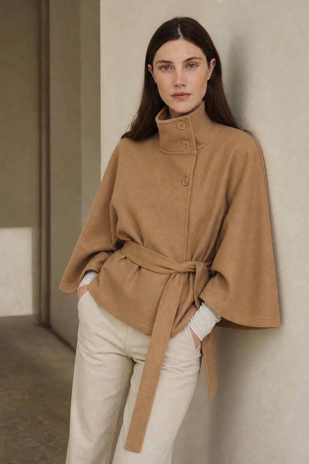 Leslie | Womens Wool Blend Cape Coat with Belted Waist | Stand Collar, Cape Sleeves | Navy, Black, Khaki and More S-2XL