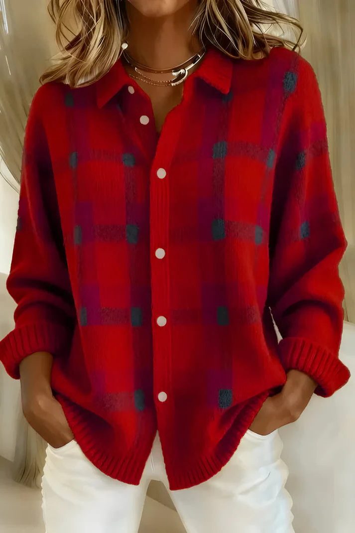 Odette | Plaid Knit Button-Up Cardigan for Women