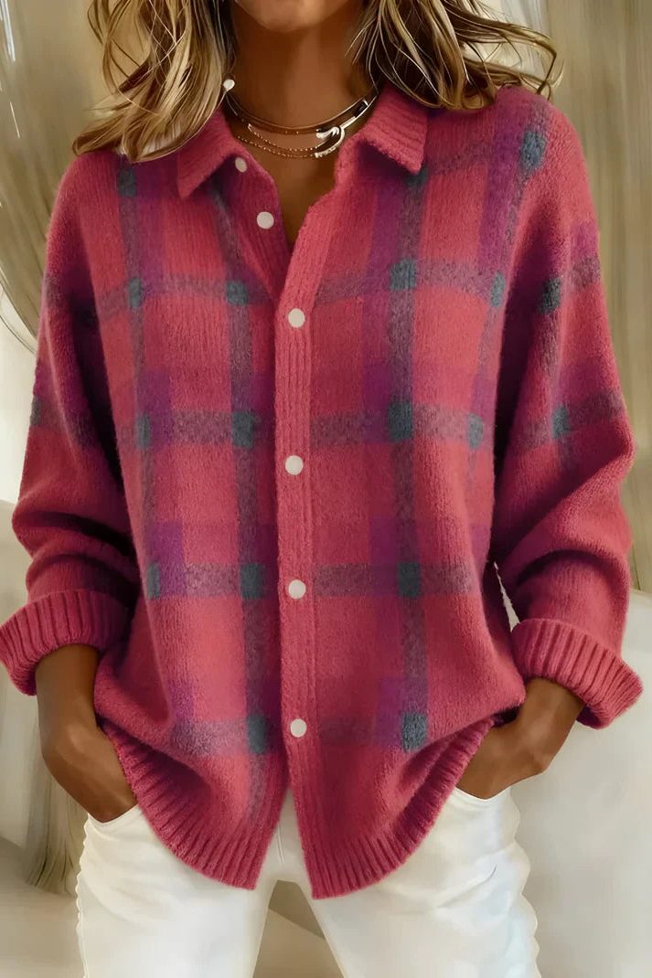 Odette | Plaid Knit Button-Up Cardigan for Women