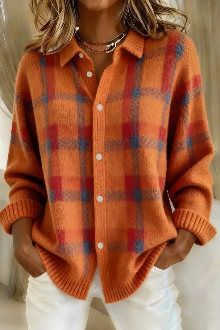 Odette | Plaid Knit Button-Up Cardigan for Women