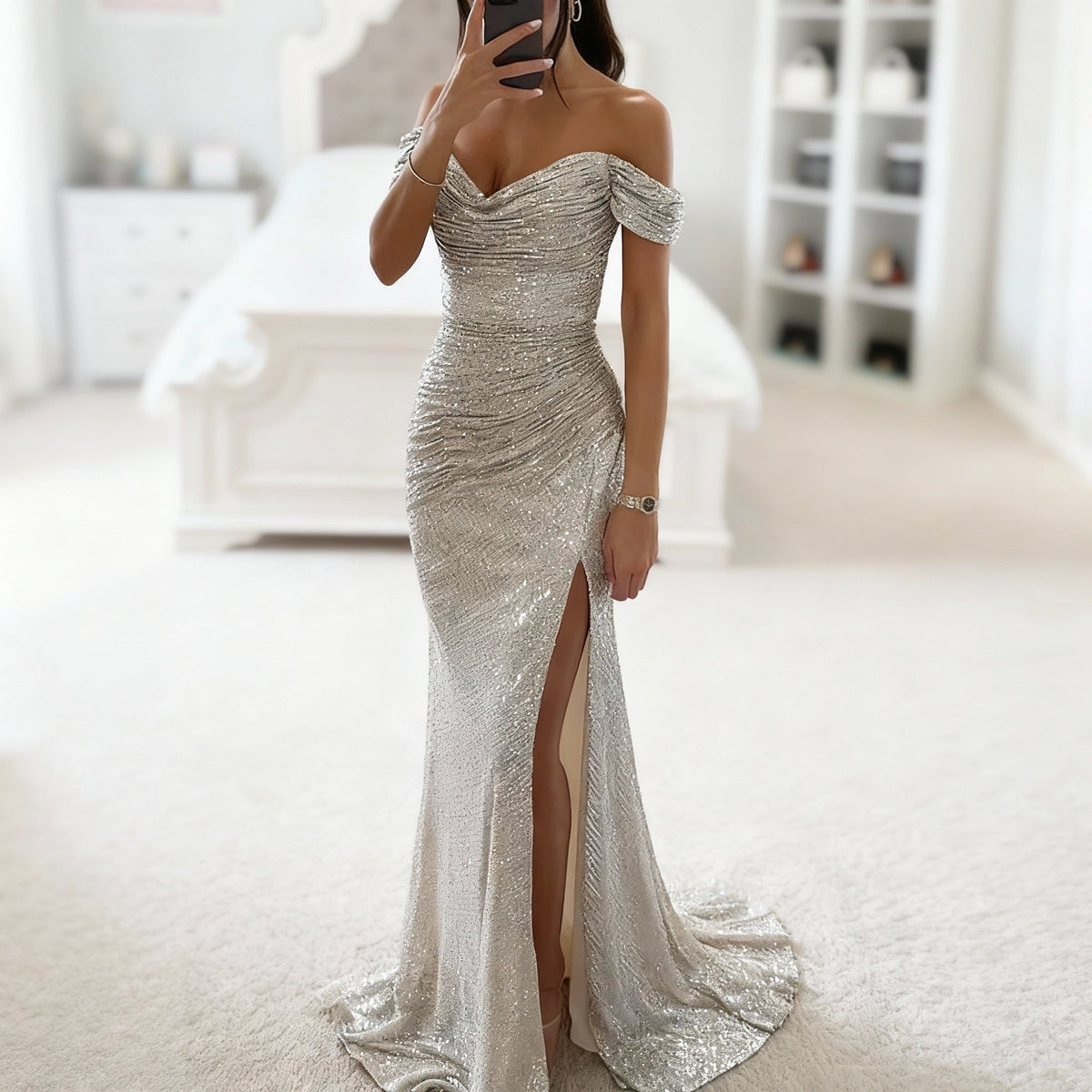 Sylviane | Sequin Off-Shoulder Maxi Dress with Leg Split for Women
