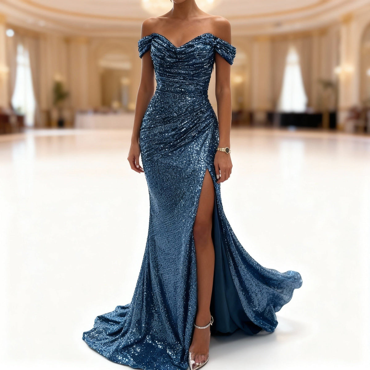 Sylviane | Sequin Off-Shoulder Maxi Dress with Leg Split for Women