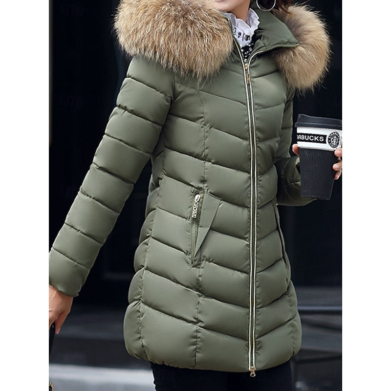 Women's Parka with Quilted Panels and Hood | Zip Closure, Pockets | For Winter | Size M-3XL | Wine Red, Red, Army Green, Black