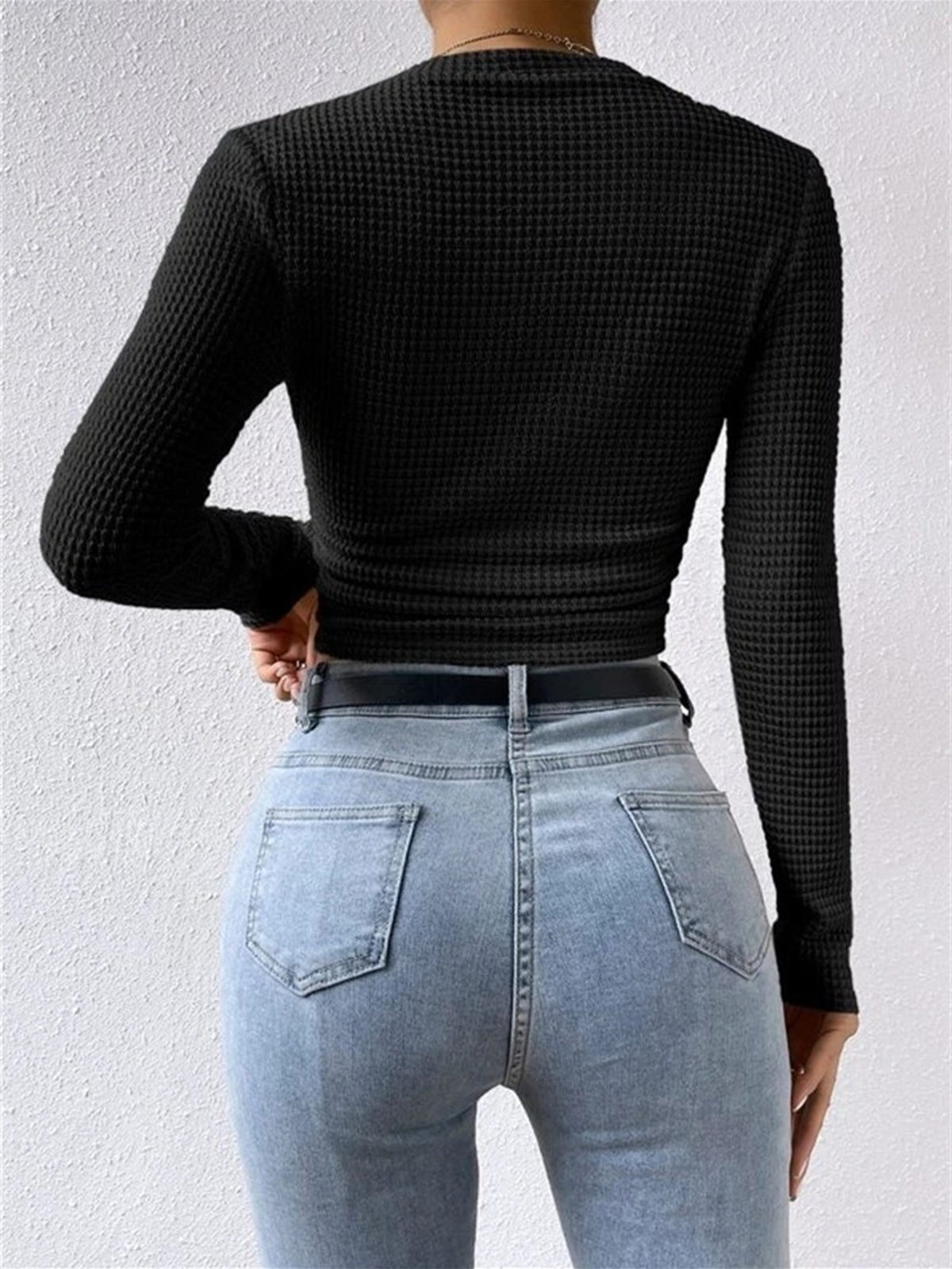 Olivia | Waffle Knit Cropped Top with Long Sleeves and Crew Neck for Women