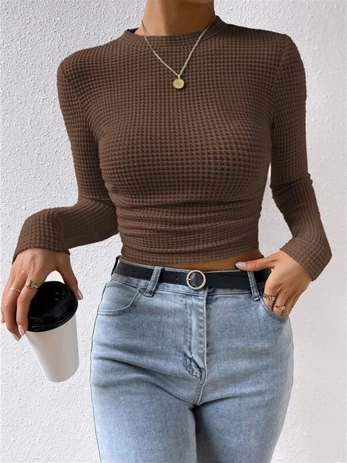 Olivia | Waffle Knit Cropped Top with Long Sleeves and Crew Neck for Women
